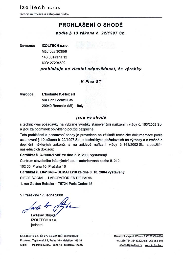 Ke stažení prohlášení o shodě KFLEX izolace ze syntetického kaučuku